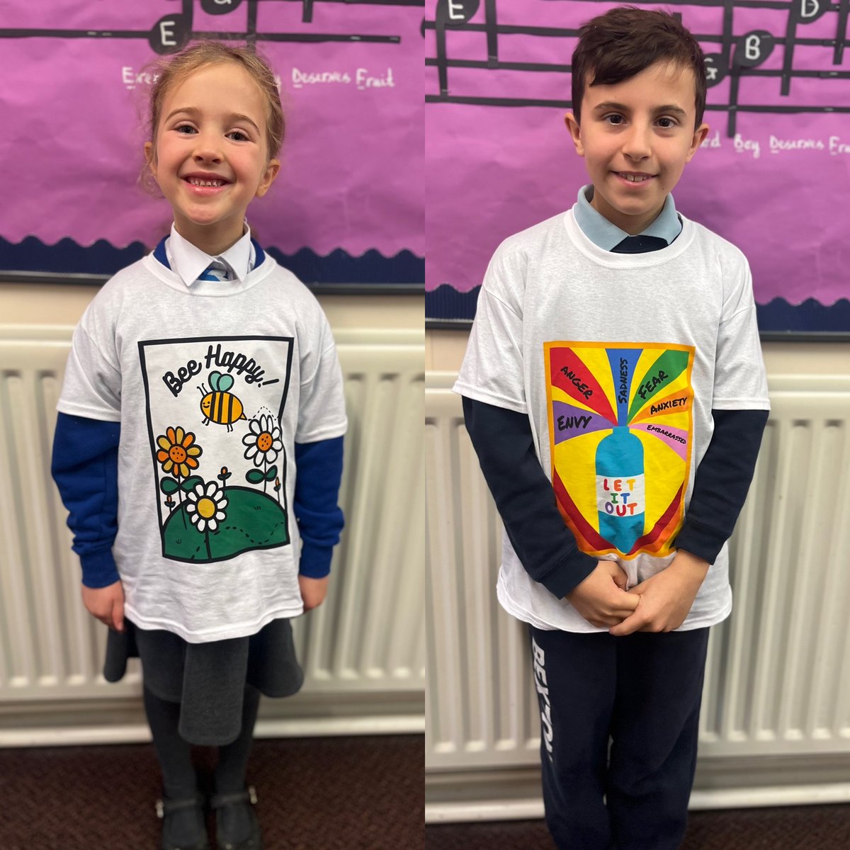 Last half term, we celebrated World Mental Health Day. The children came to school wearing yellow and took part in a 'T-shirt with a message' competition👕. We had the winning designs made into real graphic t-shirts - don't they look brilliant? Well done to you both and everyone!