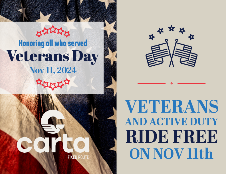 As a thank you to those who have served, Ride CARTA is offering free service to veterans and active-duty military personnel on Monday, November 10, in observance of #VeteransDay. Just show your military ID to your driver!