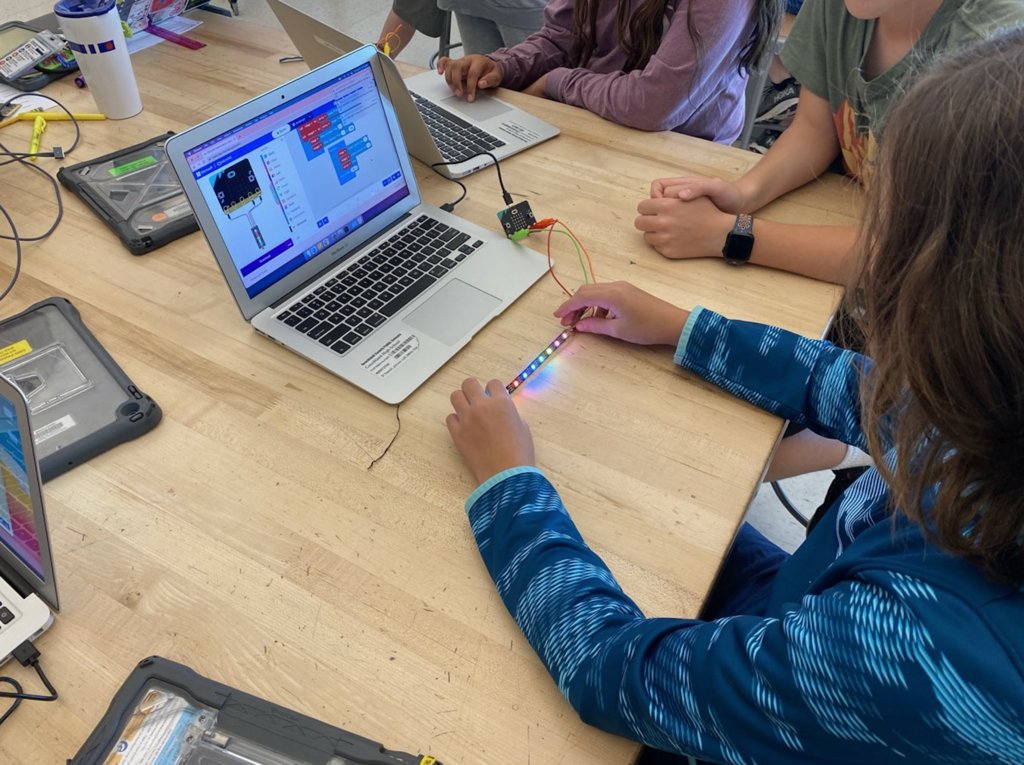 Mr. Beasley &amp; Ms. Miller worked on a new project using LEDs &amp; Microbits in his Tech Systems class. First, they practiced soldered, putting wires onto the LEDs to be able to use the Microbits. Then, the class tried a variety of codes on their LEDs in the Microsoft Makecode space.