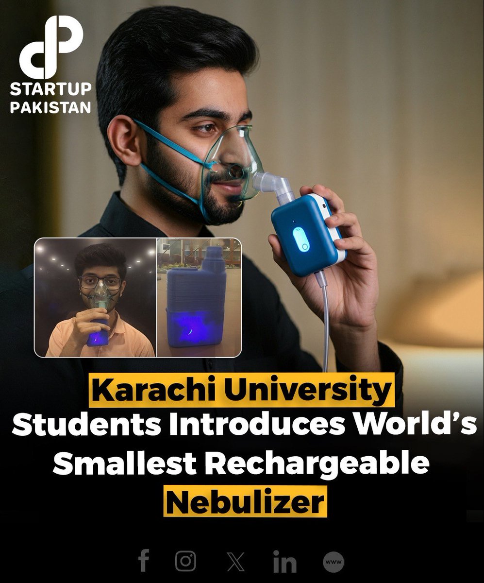 PakStartup's tweet image. Final-year pharmacy students from the University of Karachi have unveiled the world’s smallest rechargeable nebulizer, designed to offer convenient respiratory therapy for individuals with breathing issues. 

#Innovation #MedicalTech #Nebulizer #HealthcareInnovation