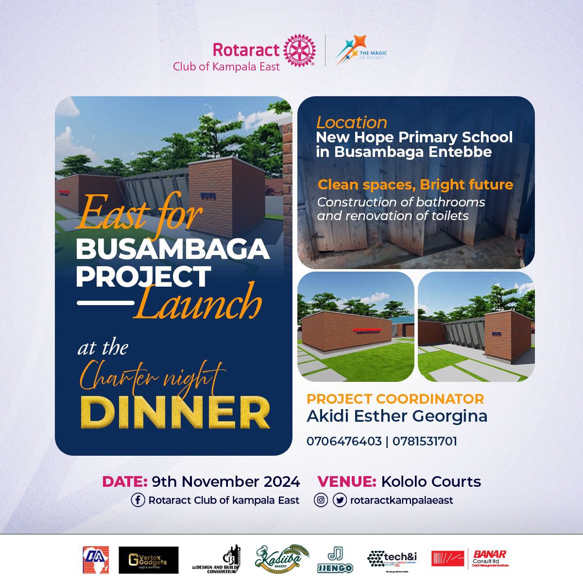 rctkampalaeast's tweet photo. We shall be launching our project dubbed East for Busambaga tomorrow at our 11th charter night Dinner @Kololocourts 
Service above self 
Don’t miss out 
#TheGreatLakers 
#magicofrotary 
#11yearsofEndlessPossibilities 
#EastforBusambaga https://t.co/6mtD8gI2Cw