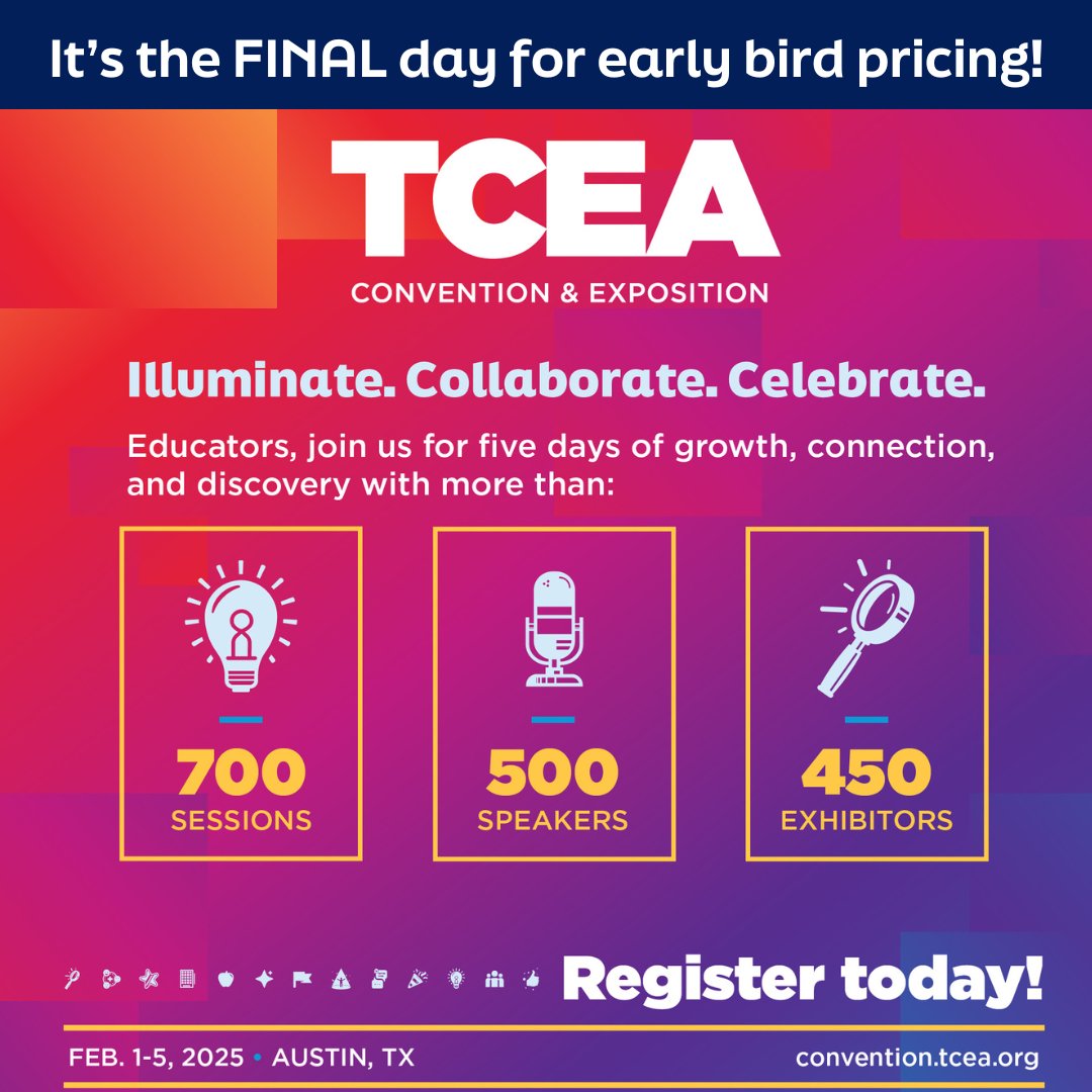 Just a 𝐟𝐞𝐰 𝐡𝐨𝐮𝐫𝐬 𝐥𝐞𝐟𝐭 to snag your TCEA 2025 registration at the early bird rate...𝐷𝑂𝑁'𝑇 𝑀𝐼𝑆𝑆 𝑂𝑈𝑇!

sbee.link/cvbker3gjd
#K12 #edleaders #edtech