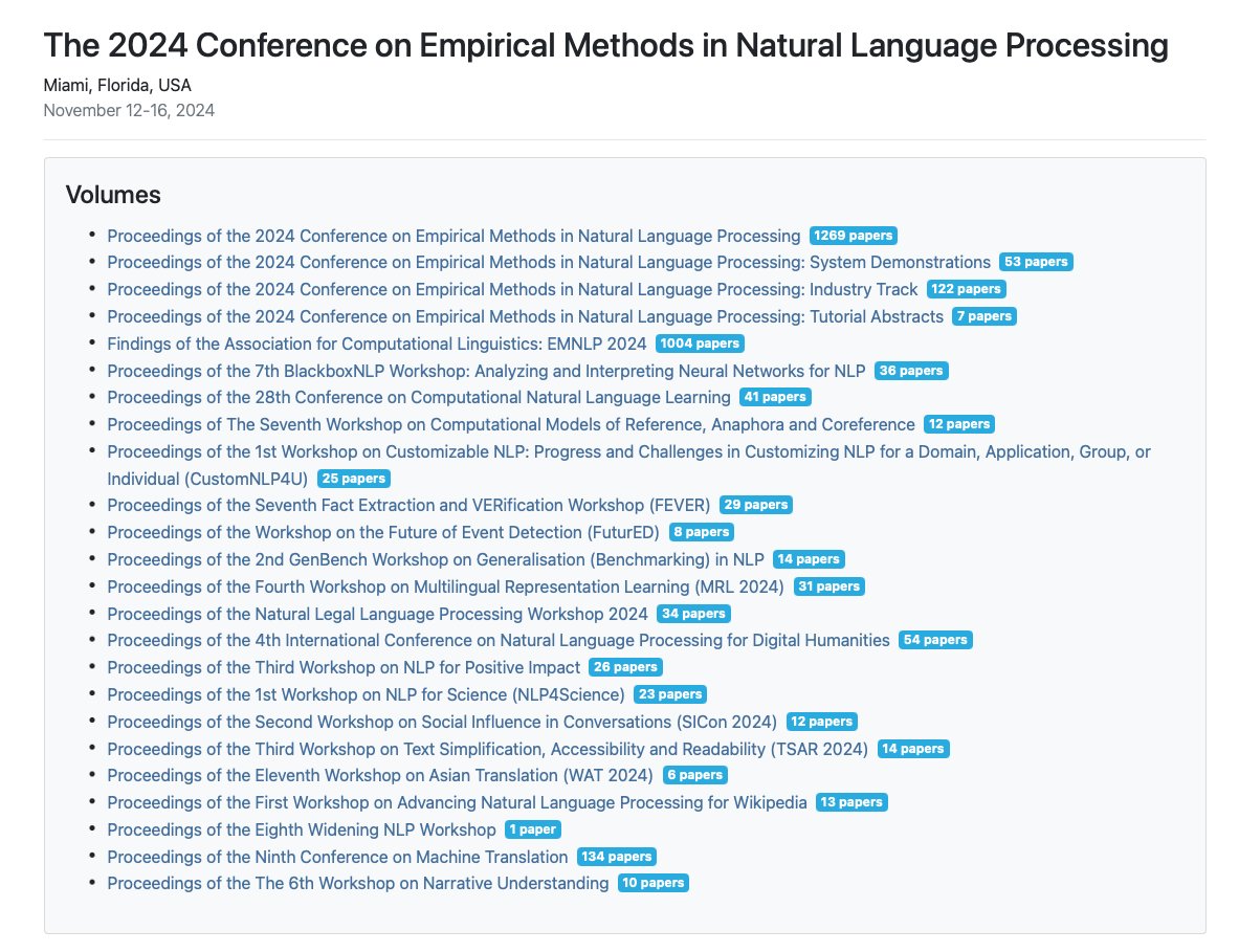 ACL Anthology (@aclanthology) on Twitter photo The proceedings of EMNLP 2024 and its workshops are now available in the ACL Anthology. Many thanks to Danilo Croce and the <a href="/emnlpmeeting/">EMNLP 2025</a> organizers for a seamless handoff! aclanthology.org/events/emnlp-2… The proceedings of EMNLP 2024 and its workshops are now available in the ACL Anthology. Many thanks to Danilo Croce and the <a href="/emnlpmeeting/">EMNLP 2025</a> organizers for a seamless handoff! aclanthology.org/events/emnlp-2…