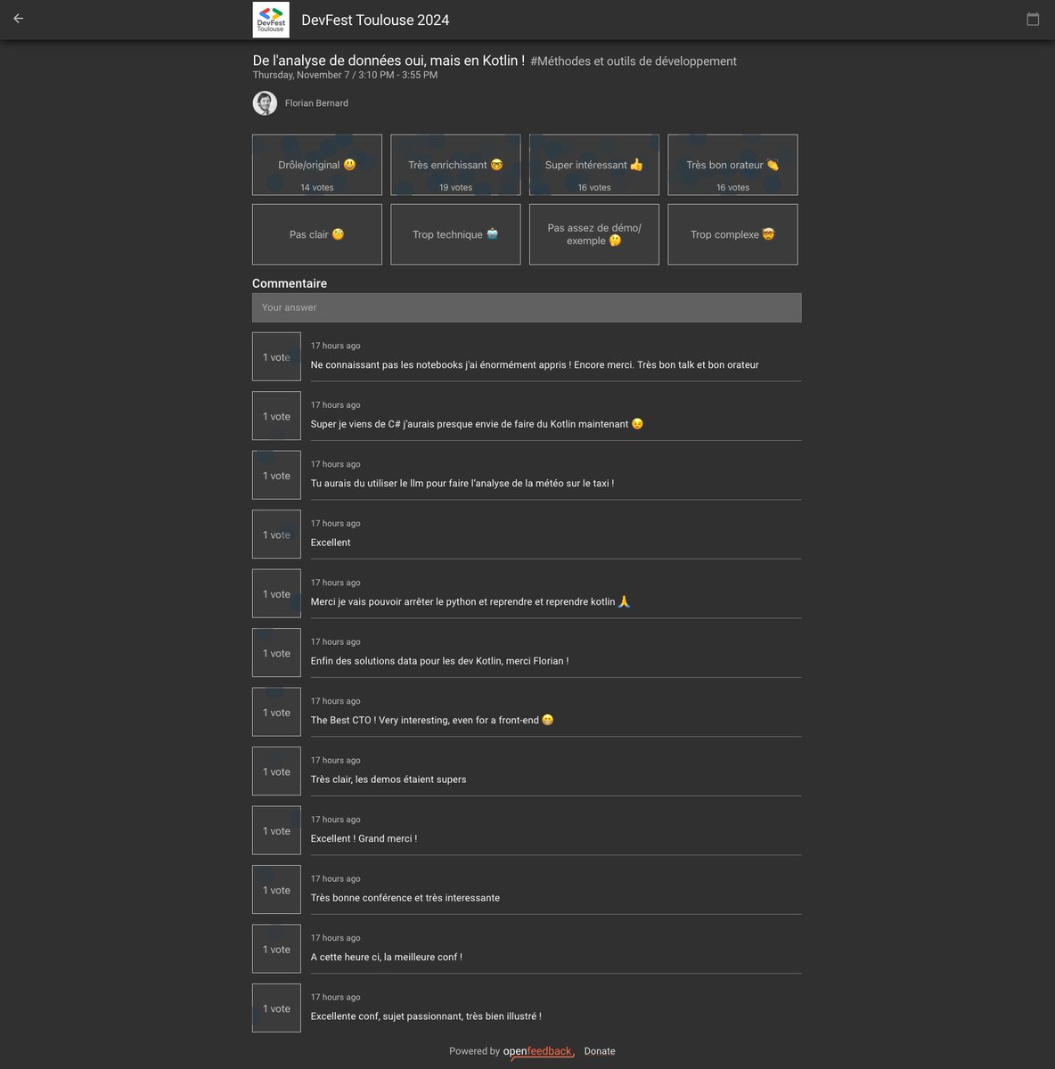 Quel plaisir de lire vos feedbacks plutôt positifs après mon talk au #DevFestToulouse 🤩.
C’est la meilleure des récompenses 🎁!
Merci encore à toute l’orga pour cette super journée 🙏👏  !!!