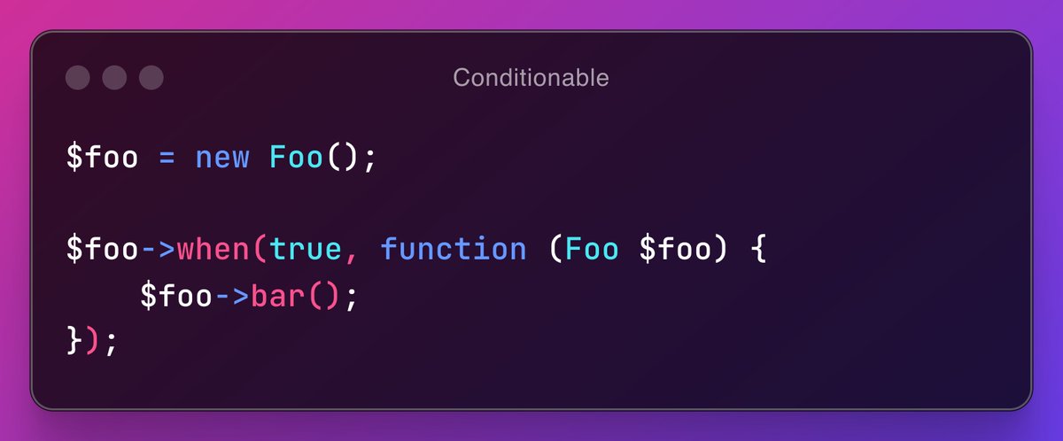 laravel_france's tweet photo. 💡 #FridaysTips
Vous aimez utiliser la méthode `when` du Query Builder et la méthode vous manque dans d'autres classes ?
Alors injectez le trait `Conditionable` pour l'utiliser dans n'importe quelle classe de votre projet !
👉https://t.co/nD8zhKbBlY
Bon (et long) weekend 👋 https://t.co/QxNTxlTCsj