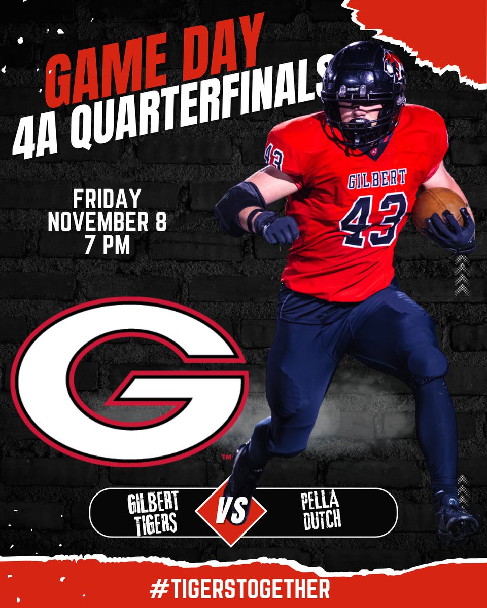 🏈 Game Day - Class 4A Quarterfinals
Gilbert (9-1) at Pella (9-1)
📍Central College
🎟️ iahsaa.org/tickets/
⏰ 7 PM
📺 tinyurl.com/yc3rabmx

Gilbert is headed back to Pella for a rematch with the Dutch. The winner goes to the Dome.

GO TIGERS!