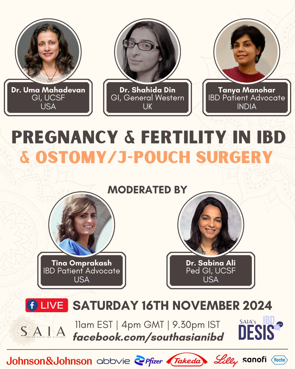 SAIA is proud to host a rockstar #WomeninGI panel to discuss #Fertility &amp; #Pregnancy in #IBD &amp; #Ostomy / #Jpouch Surgery!

Join <a href="/UmaMahadevanIBD/">Uma Mahadevan</a> 🇺🇸, <a href="/ShahidaDin1/">DrShahidaDin</a> 🇬🇧, #TanyaManohar 🇮🇳 &amp; moderators <a href="/ownyourcrohns/">Tina Aswani-Omprakash, MPH</a> 🇺🇸 &amp; <a href="/sabpeds/">Sabina Ali,MD</a> 🇺🇸 to learn more!

Tune in on Sat, Nov 16th: