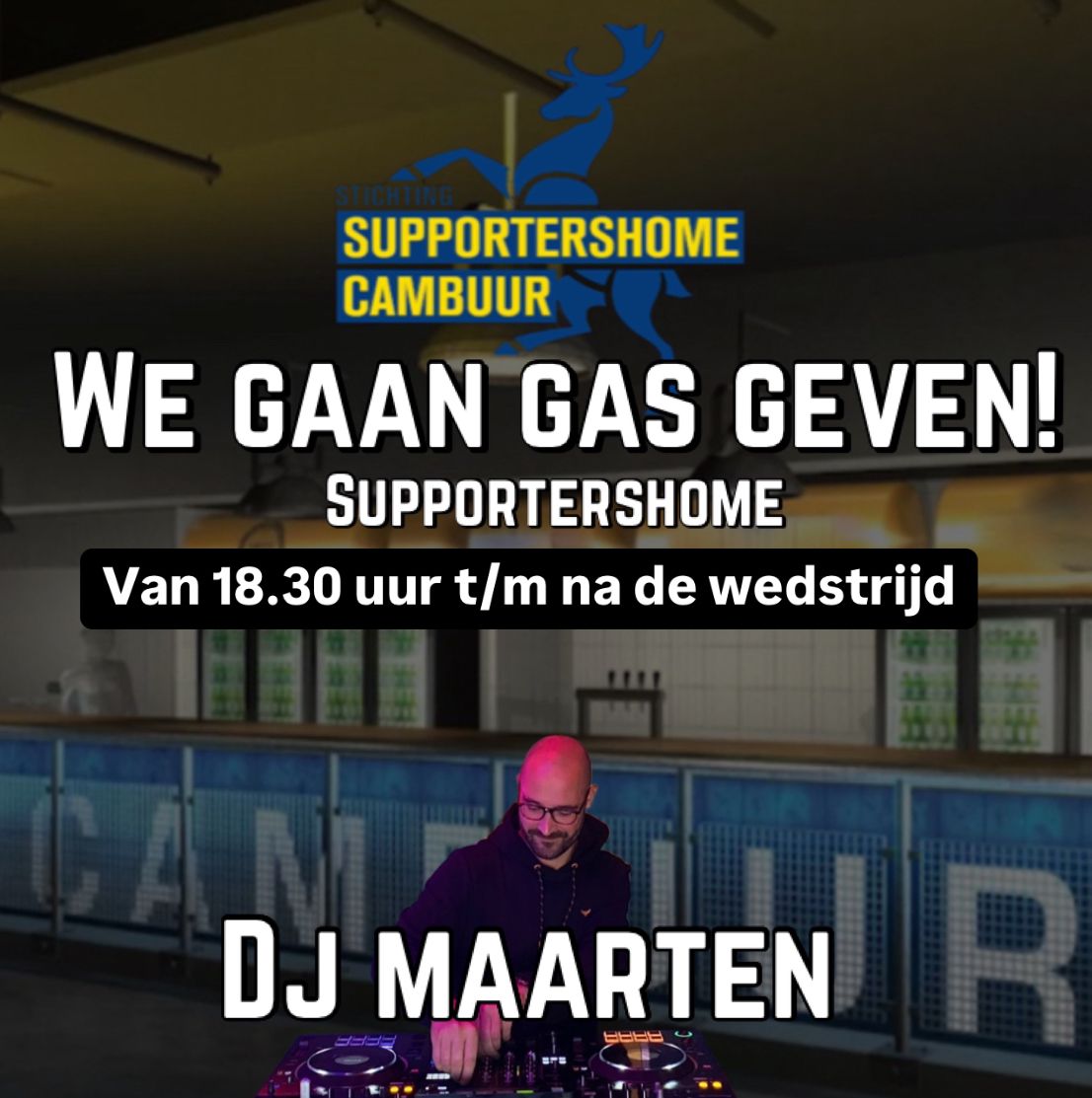 Voor de eerste keer muziek in ons supportershome voor en na de wedstrijd!

Vanavond bij de wedstrijd SC Cambuur - Jong PSV vanaf 18.30 uur.

Het home is nog in aanbouw, maar we beginnen alvast. 

Meer info of doneren via: supportershomecambuur.nl