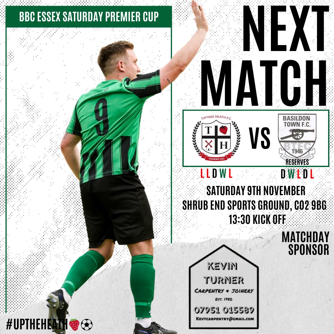Tiptree_Heath's tweet photo. NEXT MATCH

Next up for the Heath is a home game against @BasildonTownFC Reserves in the BBC Essex Saturday Premier Cup.

We managed to reach the semi-final last season.

We hope to see you there!

#UPTHEHEATH🍓⚽️ https://t.co/UQFDaxmCYq