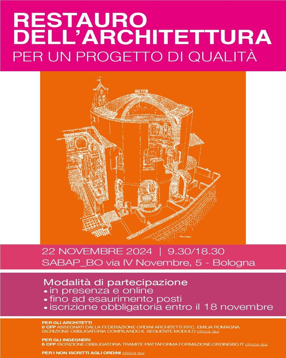 Docomomo_ITA's tweet image. #architettura
#patrimonio
#architecture
#heritage
#restaurodellarchitettura
Restauro dell'Architettura. Per un Progetto di qualità
22.11.2024 | 9:30-18:30
Sede Sabap-Bo, Palazzo Dall'Armi Marescalchi
via IV Novembre 5,  Bologna
Più info
urly.it/312crs
@MiC_Italia
