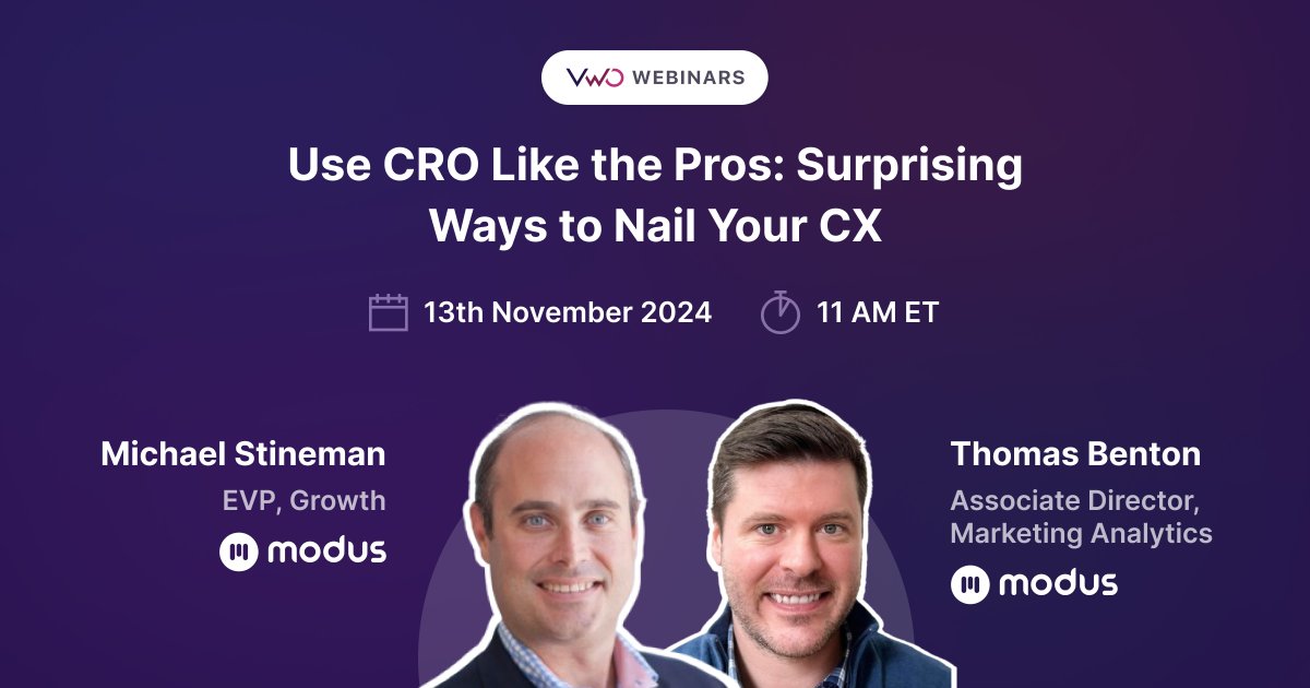 💰 Join Modus and VWO next week to learn how to “Use CRO Like the Pros” at 11 a.m. ET on Nov. 13. Register now — even if you can't make the live event, you can still get the recording: hubs.la/Q02XpfyG0

#cro #marketing #2025strategy #webinar