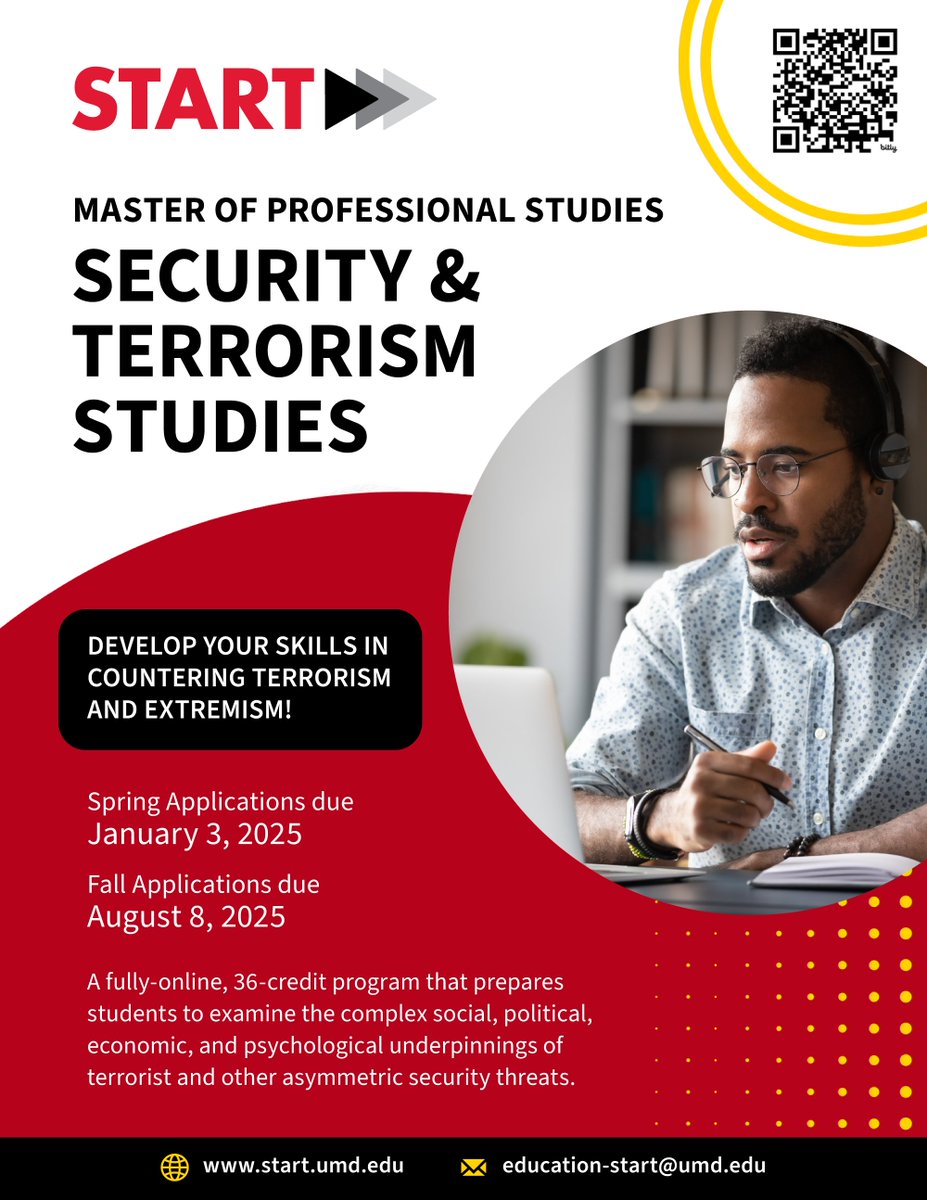 START offers an online MPS in #SecurityStudies &amp; #TerrorismStudies through <a href="/UMDGradSchool/">UMD Grad School</a>! Develop critical thinking &amp; analytical skills to tackle complex security threats. Learn more on our website: go.umd.edu/SecurityMPS #GradProgram <a href="/UofMaryland/">Univ. of Maryland</a>
