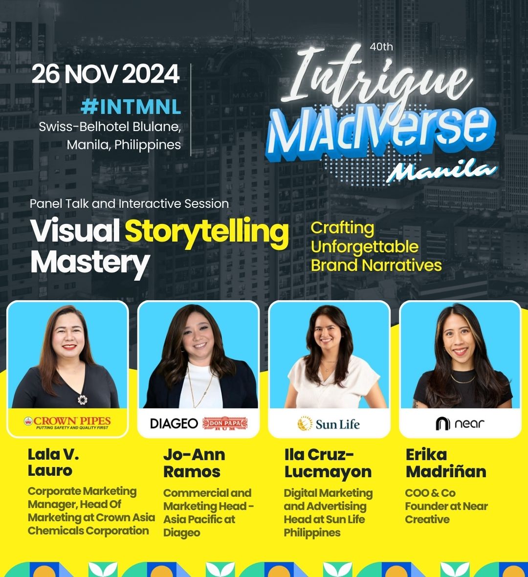 salesgasm's tweet photo. Get ready for an inspiring session on Visual Storytelling Mastery at the upcoming Intrigue MAdVerse Summit in Manila on November 26! Join top industry leaders like Lala V. Lauro (Crown Asia Chemicals), Jo-Ann Ramos (Diageo), Ila Cruz-Lucmayon (Sun Life Philippines), and Erika Mad https://t.co/4wPoN3g3bo