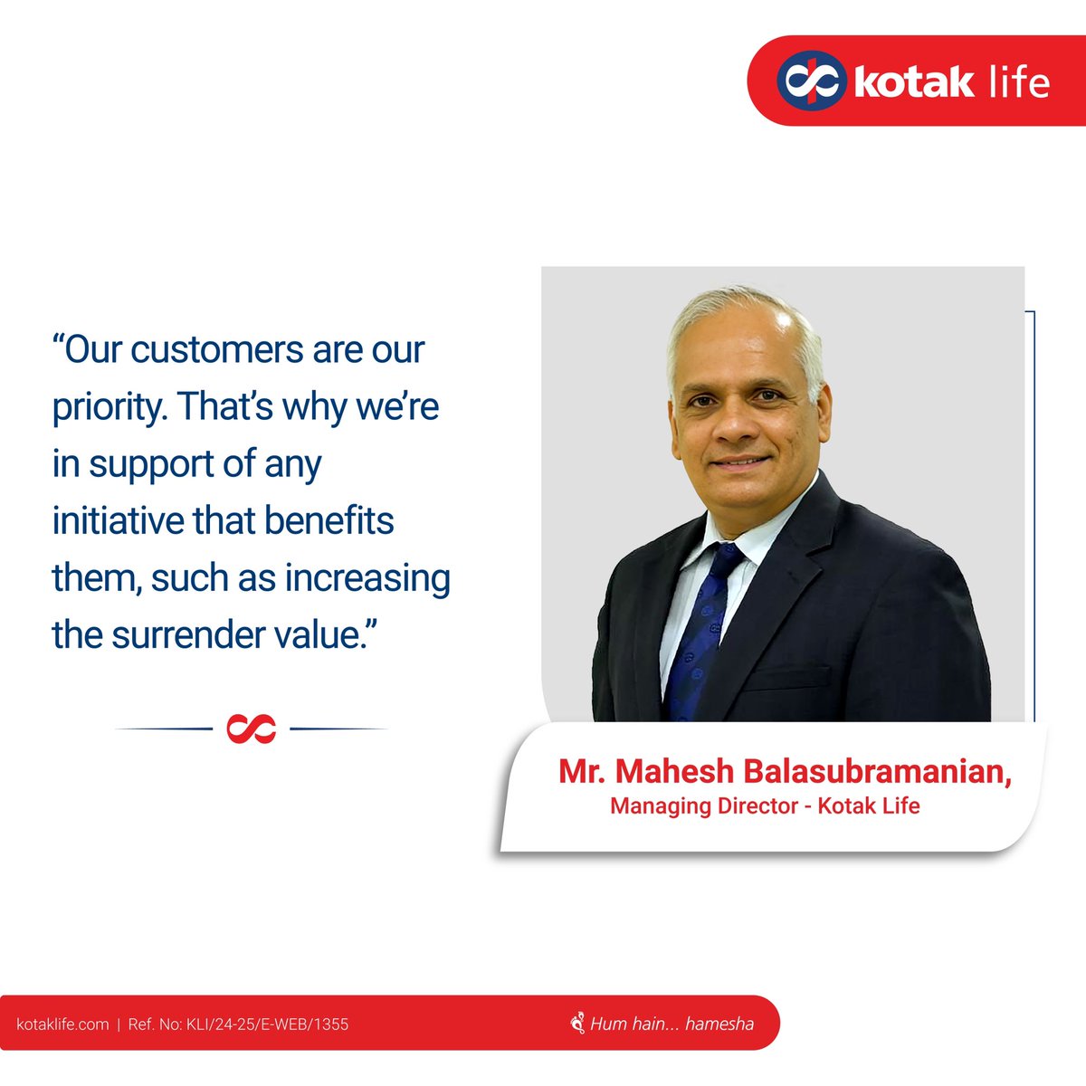 At Kotak Life, our customers are at the centre of everything that we do. That is why, we’re wholeheartedly supporting the regulator’s initiative of increasing the surrender value even if it requires strategic adjustments in products and commissions. 

#kotaklife #lifeinsurance