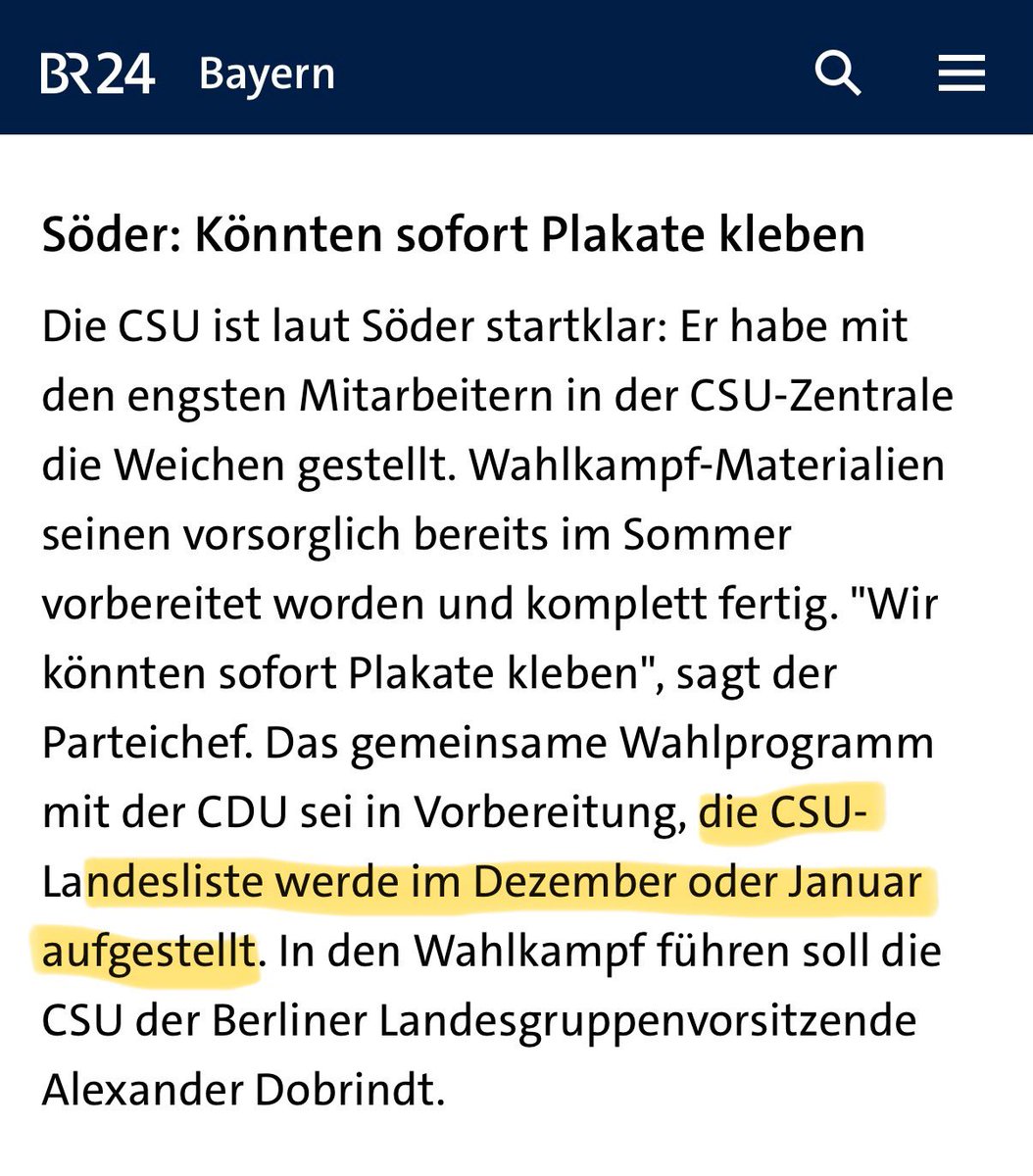 <a href="/MetinHakverdi/">Metin Hakverdi 🇪🇺</a> <a href="/_FriedrichMerz/">Friedrich Merz</a> Ich vermute es wird bei der CSU Ärger geben wenn die nicht auf dem Stimmzettel stehen, weil Markus Söder die Liste erst im Januar macht, nachdem die Briefwahl schon begonnen hat… Soviel zum Wahltermin der Union.