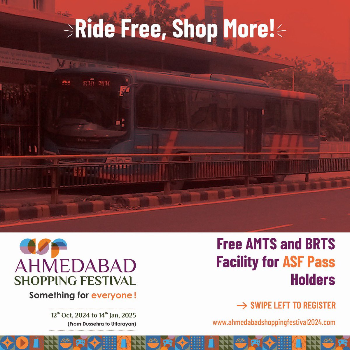amdshoppingfest's tweet photo. No need to worry about traffic or parking! ASF Pass holders can enjoy free AMTS and BRTS rides to top shopping destinations. Get your pass and arrive in style!
๐๏ธSwipe left to register Now for Your All-Access Pass and unlock the ultimate shopping adventure!
๐ #ASFPass #FreeRideToFun"
#ShoppingMadeEasy #AMTS #BRTS #FreeRides #UltimateShoppingAdventure #ArriveInStyle #NoMoreParkingWoes #ShopInComfort #GetYourPass #ShoppingConvenience #TravelSmart #ExploreWithASF
@GujaratTourism