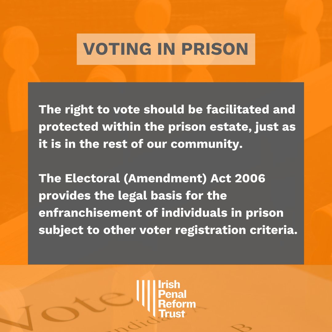 IPRT's tweet photo. 🗳 VOTING IN PRISON 🗳
People in prison have the same right to register to vote as people in the community.
Read more about voting in prison on our website 👉 https://t.co/6WfVplkSwW
#GE2024 #CheckTheRegister #GeneralElection (1/2) https://t.co/SIZBz6lwih