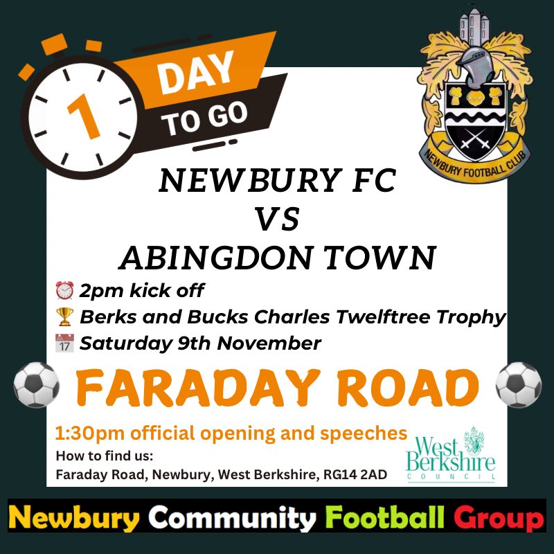 1 day to go! 🟠⚫️⚽️

🏆 Berks and Bucks Trophy
⚽️ Saturday 9th November
📍 Faraday Road, Newbury, RG14 2AD
🆚 @Abingdonabbots 
⏰ 2:00 pm kick off