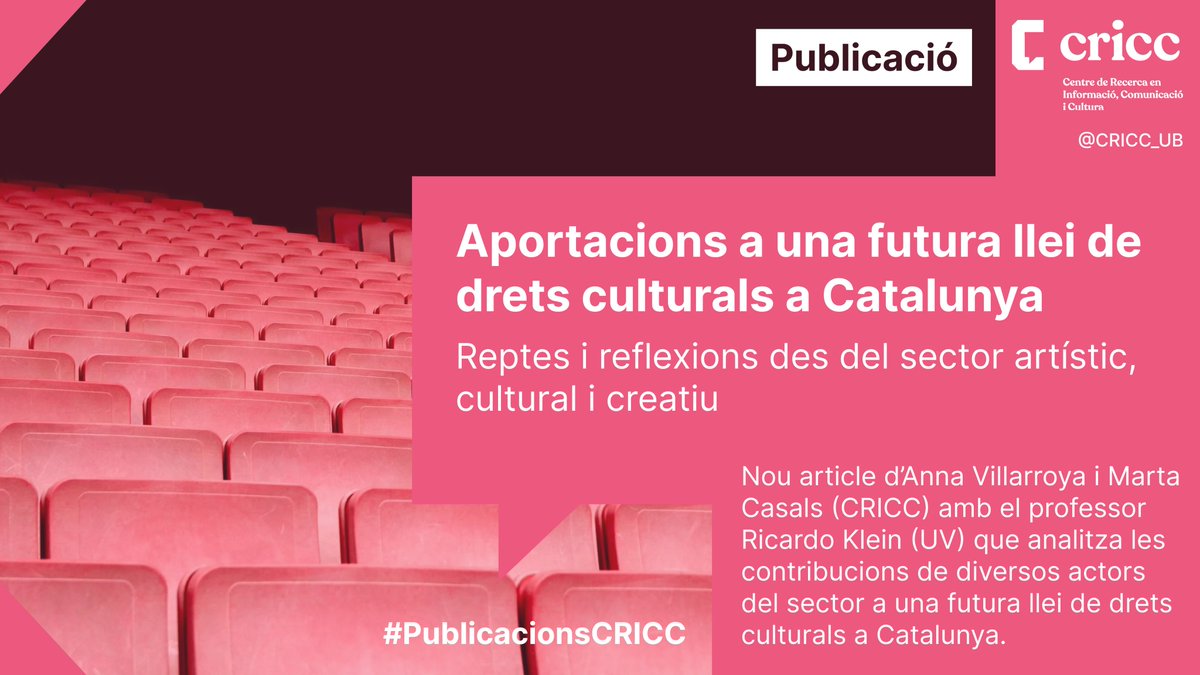 CRICC (@cricc_ub) on Twitter photo 🆕 PUBLICACIÓ | Nou article d'Anna Villarroya i <a href="/MartaCasalsB/">Marta Casals Balaguer</a> (CRICC) amb Ricardo Klein (UV)
🔍 Analitza les contribucions de diversos actors del sector a una futura llei de drets culturals a Catalunya
➕ℹ️: fima.ub.edu/grups/cricc/no…
#PublicacionsCRICC 🆕 PUBLICACIÓ | Nou article d'Anna Villarroya i <a href="/MartaCasalsB/">Marta Casals Balaguer</a> (CRICC) amb Ricardo Klein (UV)
🔍 Analitza les contribucions de diversos actors del sector a una futura llei de drets culturals a Catalunya
➕ℹ️: fima.ub.edu/grups/cricc/no…
#PublicacionsCRICC