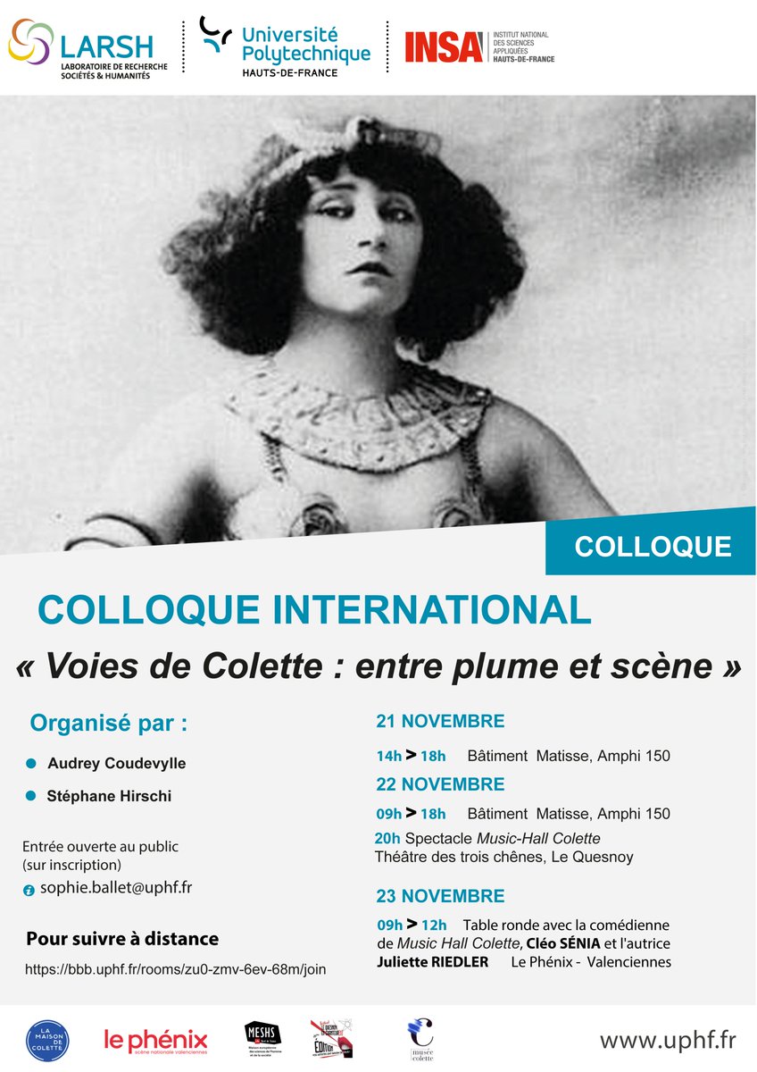 📢Colloque international
 « Voies de Colette : entre plume et scène »

🗓️21 au 23 novembre 2024
📍Voir l'affiche ci-dessous

ℹ️uphf.fr/larsh/actualit…