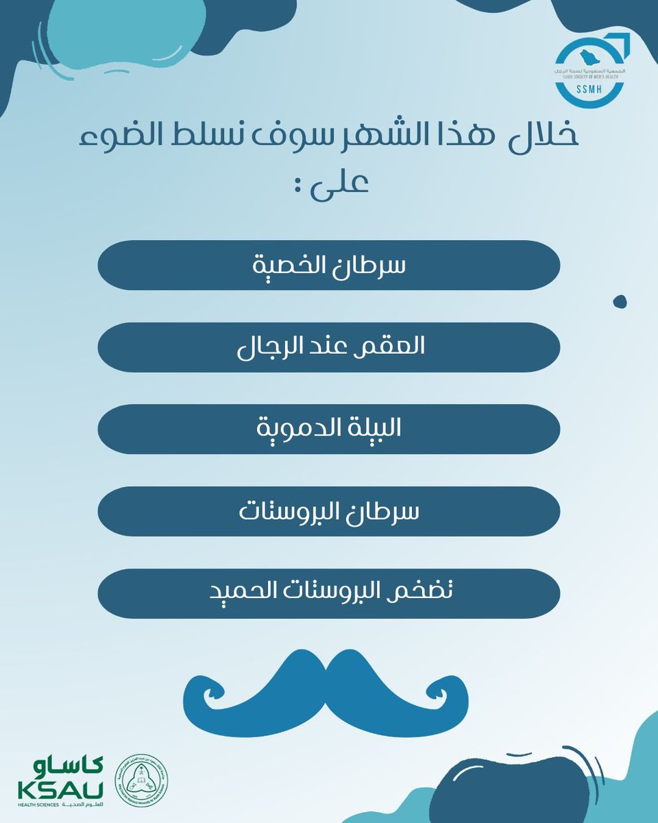 خلال هذا الشهر يتم تسليط الضوء على الأمراض النفسية والجسدية الأكثر شيوعًا بين الرجال، وكيفية الوقاية منها والعلاج، وأيضًا أهمية الكشف المبكر.🩺

و من هذا المنطلق، و تحت إشراف العديد من استشاريي المسالك البولية، نأخذكم في رحلة -بمشيئة الله- خلال هذا الشهر حول أهم هذه المواضيع✨