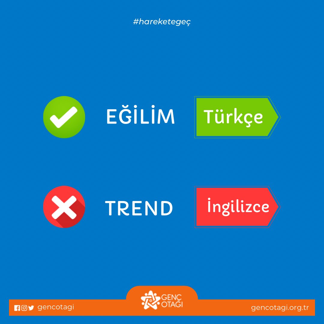 gencotagi's tweet image. İngilizce “trend” sözcüğü yerine, Türkçe “eğilim” sözcüğünü kullanalım.

#türkçe #türkçü #hareketegeç #gençotağı