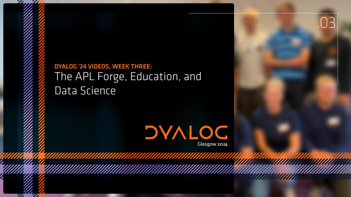 dyalogapl's tweet photo. The next set of recordings from Dyalog '24 is now available. Read Morten's blog post, and watch (or rewatch!) presentations on the APL Forge, Education, and Data Science, at https://t.co/P6bqqJoTQS
#Dyalog24 #Dyalog #APL #DataScienceTools #DataScience #Education https://t.co/p8uGKbfnQX