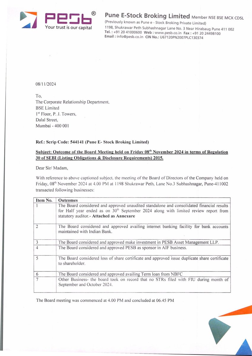 nileshkurhade's tweet image. 📌 Pune E-Stock Broking Limited informed the exchange about the approval of its unaudited standalone and consolidated financial results for the half-year ended 30th September 2024. #SME #PESB 📊📈