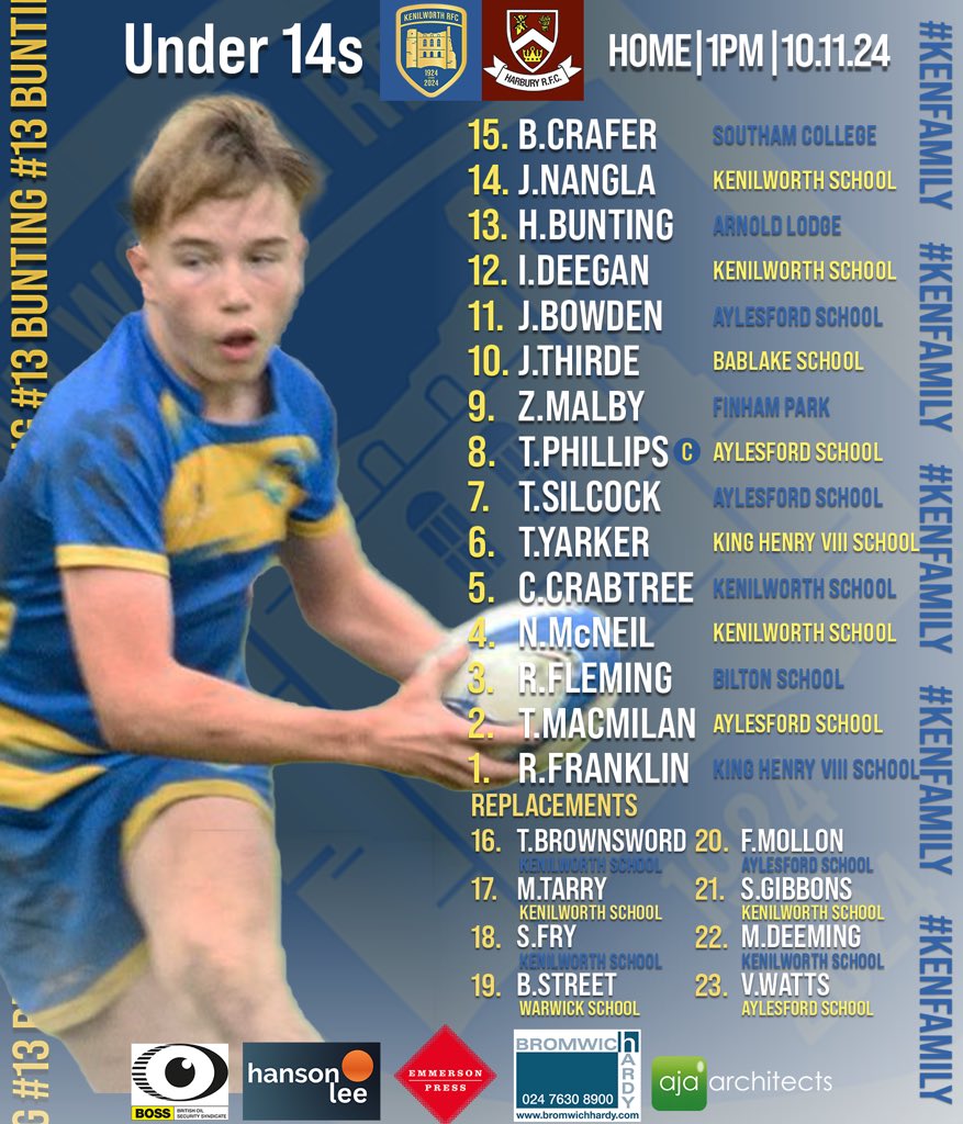kenilworthrugby's tweet photo. TEAM NEWS ๐๏ธ
Here are your Men's 1XV and U14 teams for tomorrow and Sunday's
fixtures, Ken fans! O C
#ComeOnKens #buildthecastle
@KenilworthSch @FinhamPark
@FinhamPE @WarwickRugby
@AylesfordSch @KHVIIISchool
@BiltonSchool @SouthamCollege @ArnoldLodgePE @BablakeSchool https://t.co/a37ftP73z1