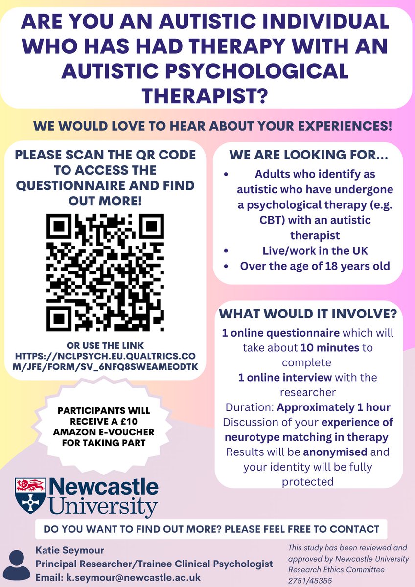 Are you autistic and have underwent psychological therapy with an autistic therapist? If so I would love to hear about your experience as part of my research! Please see the poster below. Feel free to get in touch if you have any questions

#autism #autismresearch