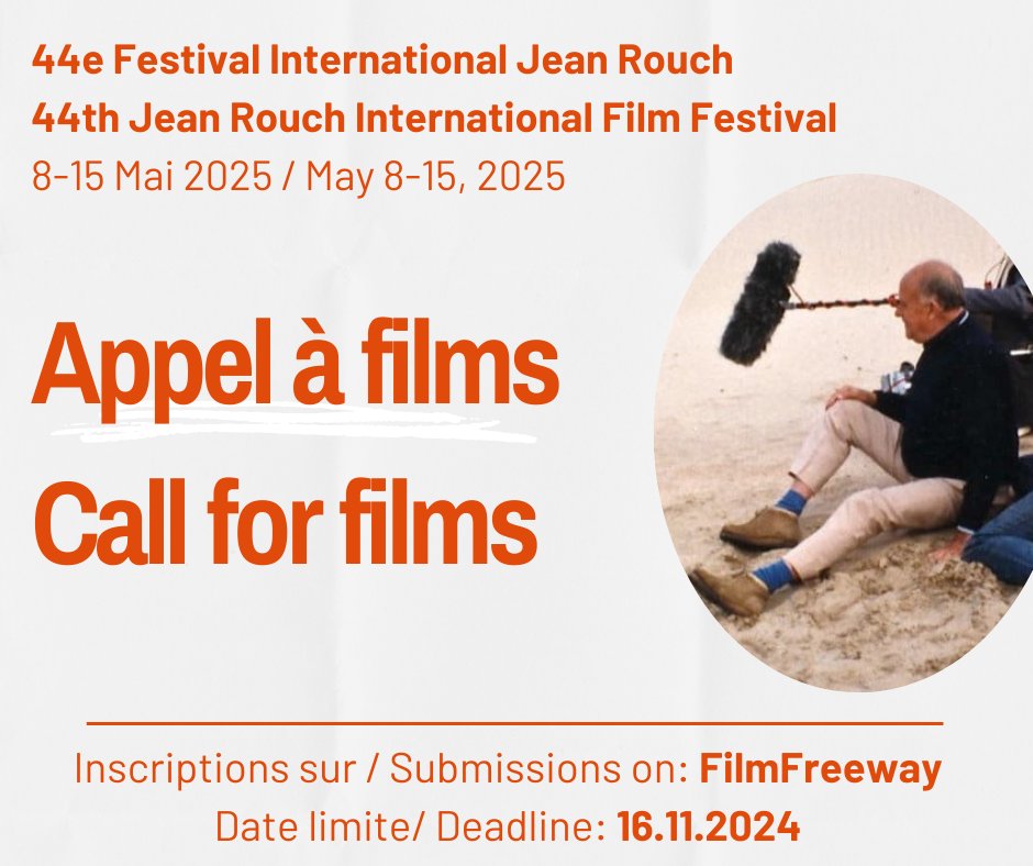 📣 #AAP 
Il reste une semaine pour participer à l'appel à films ouvert par le Festival international Jean Rouch, qui se tiendra 8 au 15 mai 2025 !
🗓️ 16/11/2024
inshs.cnrs.fr/fr/appel-films…