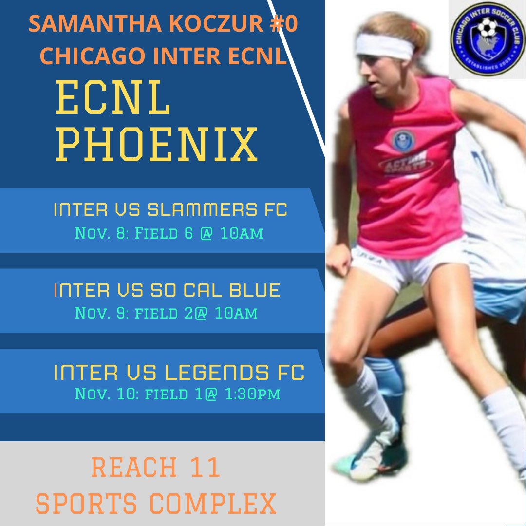 Samantha Koczur (@samkoczur) on Twitter photo ECNL PHOENIX starts today! Hoping to see college coaches at my games for our first showcase of the season!⚽️<a href="/chiINTER/">Chicago Inter SC</a> <a href="/Neno_Footy11/">Neno Dautovic</a> <a href="/LIB_Darooski/">Morgan Darus Ward</a> <a href="/CoachZvosec/">Devin Zvosec</a> <a href="/SpencerSandow7/">Spencer Sandow</a> <a href="/Jeremyjgroves/">Jeremy Groves</a> <a href="/briannembarnes/">Brianne Barnes</a> ECNL PHOENIX starts today! Hoping to see college coaches at my games for our first showcase of the season!⚽️<a href="/chiINTER/">Chicago Inter SC</a> <a href="/Neno_Footy11/">Neno Dautovic</a> <a href="/LIB_Darooski/">Morgan Darus Ward</a> <a href="/CoachZvosec/">Devin Zvosec</a> <a href="/SpencerSandow7/">Spencer Sandow</a> <a href="/Jeremyjgroves/">Jeremy Groves</a> <a href="/briannembarnes/">Brianne Barnes</a>