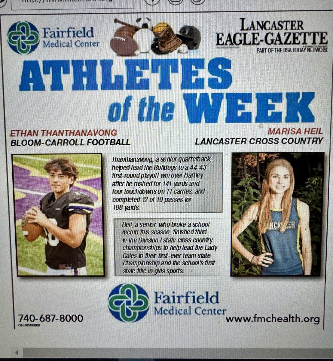 Thomas Wilson (@twil2323) on Twitter photo Eagle-Gazette Athletes of the Week: Bloom-Carroll’s Ethan Thanthanavong and Lancaster’s Marisa Heil. <a href="/bloomcarroll_fb/">Bloom-Carroll Football</a> <a href="/EthanThan14/">Ethan Thanthanavong</a> <a href="/MarisaHeil/">Marisa Heil</a> <a href="/LadyGalesCC/">Lady Gales Distance</a> <a href="/lancastergales/">LancasterGales</a> Eagle-Gazette Athletes of the Week: Bloom-Carroll’s Ethan Thanthanavong and Lancaster’s Marisa Heil. <a href="/bloomcarroll_fb/">Bloom-Carroll Football</a> <a href="/EthanThan14/">Ethan Thanthanavong</a> <a href="/MarisaHeil/">Marisa Heil</a> <a href="/LadyGalesCC/">Lady Gales Distance</a> <a href="/lancastergales/">LancasterGales</a>