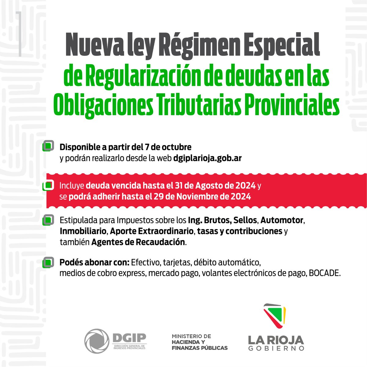 DGIPLaRioja's tweet photo. ✅️Regularizá tus deudas con importantes descuentos y beneficios.
‼️Vigencia hasta el 29 de noviembre 2024.
👉 Adherite desde nuestra página web https://t.co/VcNv8XYcTZ
.
.
.
#moratoria #dgip #Vigencia #noviembre2024 https://t.co/TrgVRhx6XA