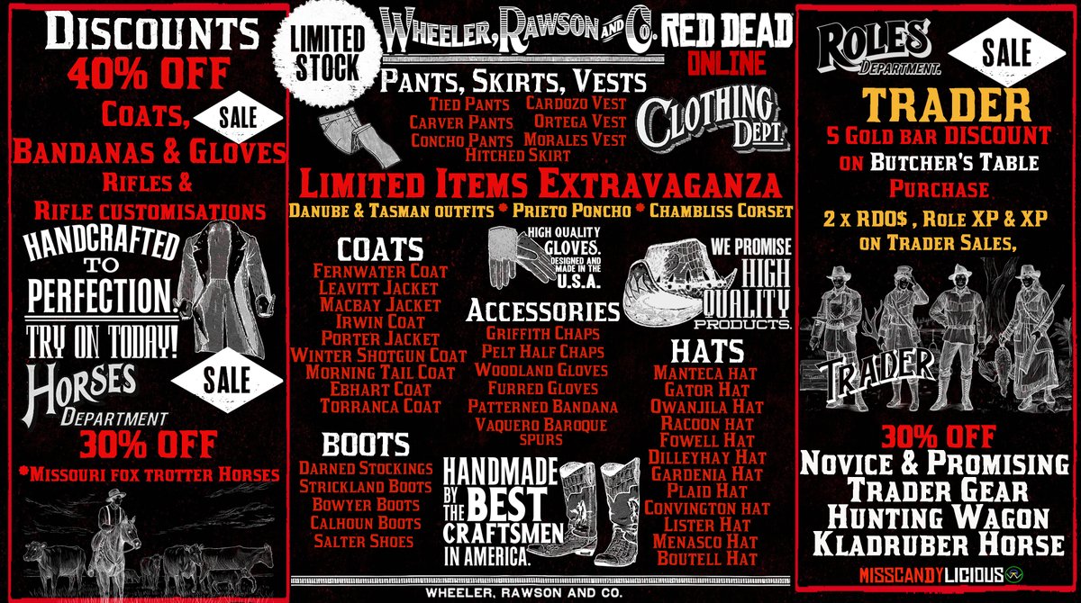 Happy #Trader month CowPoke &amp; Cow Folks

Your going to want to take advantage of the 
2x RDO$ bonus on Trader sales to spend on the Huge #LimitedItems Extravaganza
Did I mention 40% off Coats including the limited stock only available until 2 Dec 

#RedDeadOnline #RockstarGames