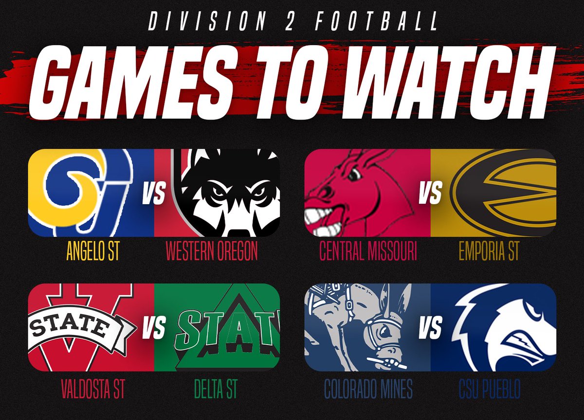 Division 1 Rejects (@d1_rejects) on Twitter photo Some #D2FB to watch tomorrow 🫡
<a href="/AngeloStateFB/">Angelo State Football</a> & <a href="/WOU_FB/">WOU Football</a> battle for the <a href="/LoneStarConf/">Lone Star Conference</a> 👀
<a href="/UCMFootballTeam/">Mules Football</a> & <a href="/esuhornetsfb/">ESU Hornet Football</a> square off in <a href="/TheMIAA/">The MIAA</a> action 🔥
Top-ranked @valdostastatefb travels to <a href="/DeltaStateFB/">#DSUFamily</a> ‼️
<a href="/MinesFootball/">Mines Football</a> taking on <a href="/CSUPFootball/">CSU Pueblo Football</a> in the Thunderbowl 🌩️ Some #D2FB to watch tomorrow 🫡
<a href="/AngeloStateFB/">Angelo State Football</a> & <a href="/WOU_FB/">WOU Football</a> battle for the <a href="/LoneStarConf/">Lone Star Conference</a> 👀
<a href="/UCMFootballTeam/">Mules Football</a> & <a href="/esuhornetsfb/">ESU Hornet Football</a> square off in <a href="/TheMIAA/">The MIAA</a> action 🔥
Top-ranked @valdostastatefb travels to <a href="/DeltaStateFB/">#DSUFamily</a> ‼️
<a href="/MinesFootball/">Mines Football</a> taking on <a href="/CSUPFootball/">CSU Pueblo Football</a> in the Thunderbowl 🌩️