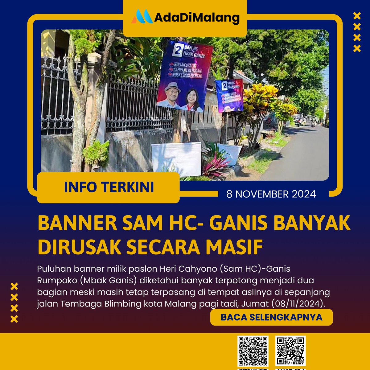 adadimalang's tweet photo. Puluhan banner paslon Sam HC-Ganis Rumpoko menjadi sasaran perusakan secara massif

Selengkapnya : https://t.co/HODGreDmsD

https://t.co/MdPZnRK0Ml https://t.co/CcZYca2hsF