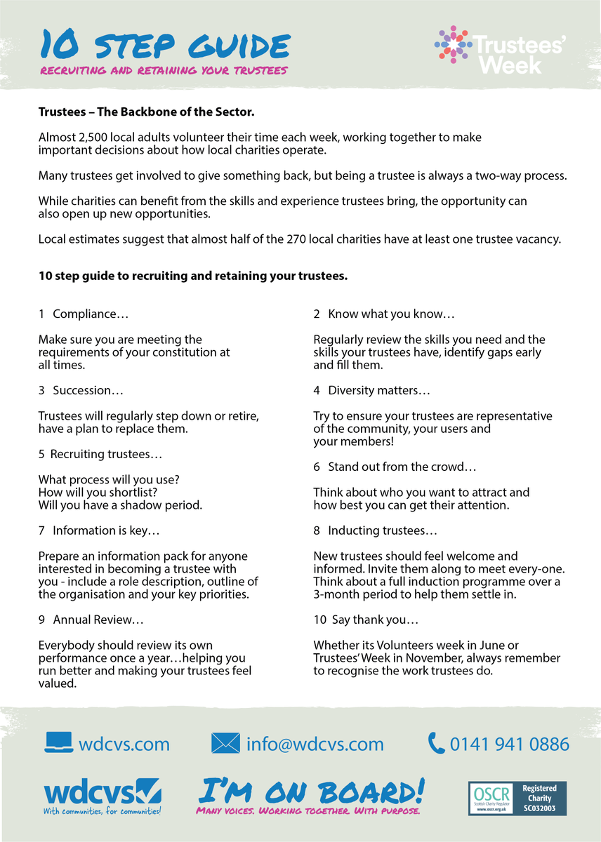 #TrusteesWeek

A 10-step guide to recruiting and retaining your trustees is just one of many resources we have on our website. You can also find videos to support you as a trustee here wdcvs.com/being-a-truste…

#trusteesweek2024 #westdunbartonshire #volunteersmakeadifference