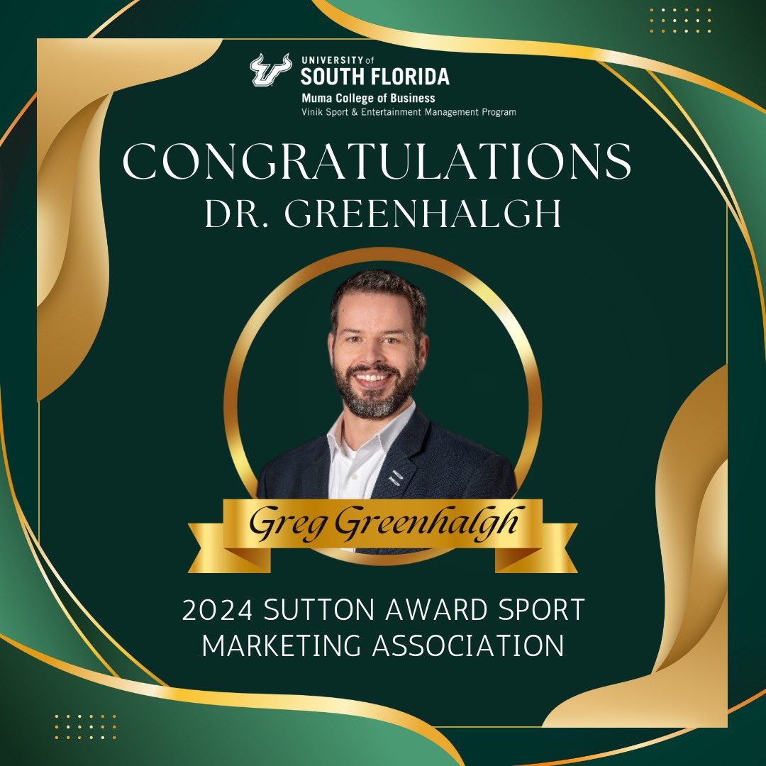 Congrats Dr. Greenhalgh for winning the 2024 Sutton Award from Sport Marketing Association! Well-deserved recognition for all your hard work and dedication. We are so proud of you! We know how much you love the attention so we made a special post just for you!!💚