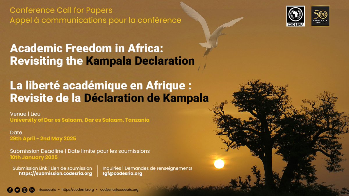 CODESRIA's tweet photo. ✍️ Appel à communications ✍️
Soumettez votre article pour la conférence 'Liberté académique en Afrique : Revisite de la Déclaration de Kampala' 
🗓️ Dates de la conférence : du 29 avril au 2 mai 2025
📅 Date limite de soumission : 10 janvier 2025
👉https://t.co/dy4wG53pSY https://t.co/HoKbpfjeFe