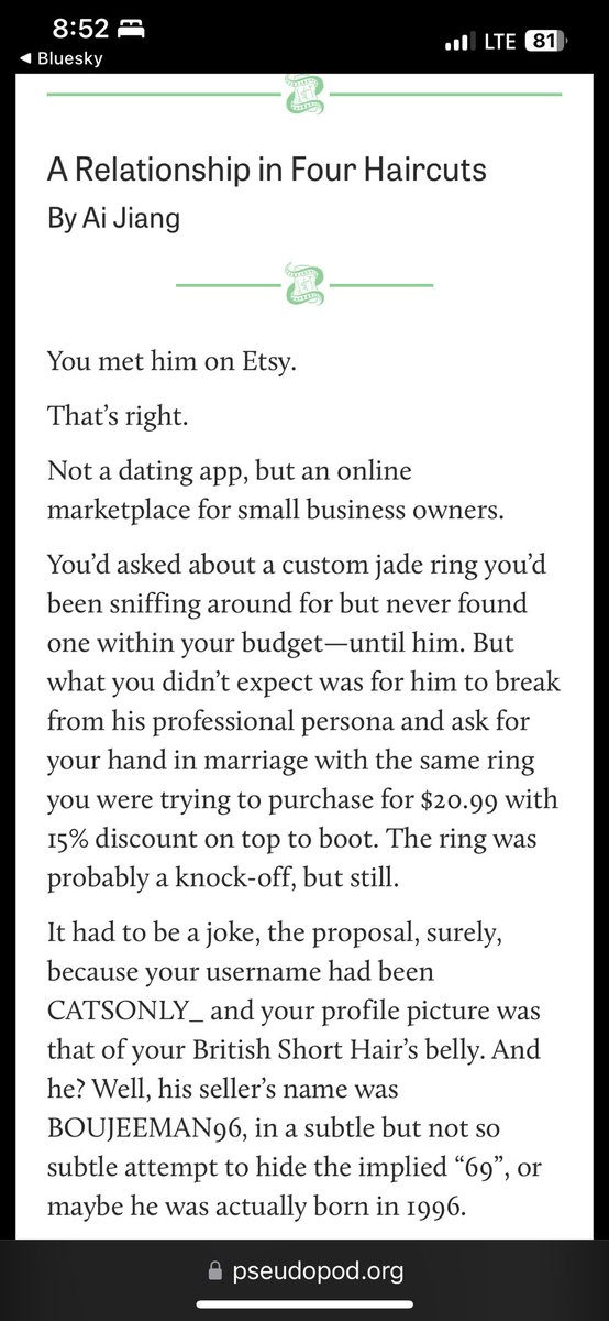 A reprint out today in <a href="/PseudoPod_org/">PseudoPod</a> in both text and audio 👀‼️

“A Relationship in Four Haircuts” first published in Welcome to Your Body: Lessons in Evisceration anthology 🙇🏻‍♀️

Sneak peek below ✨