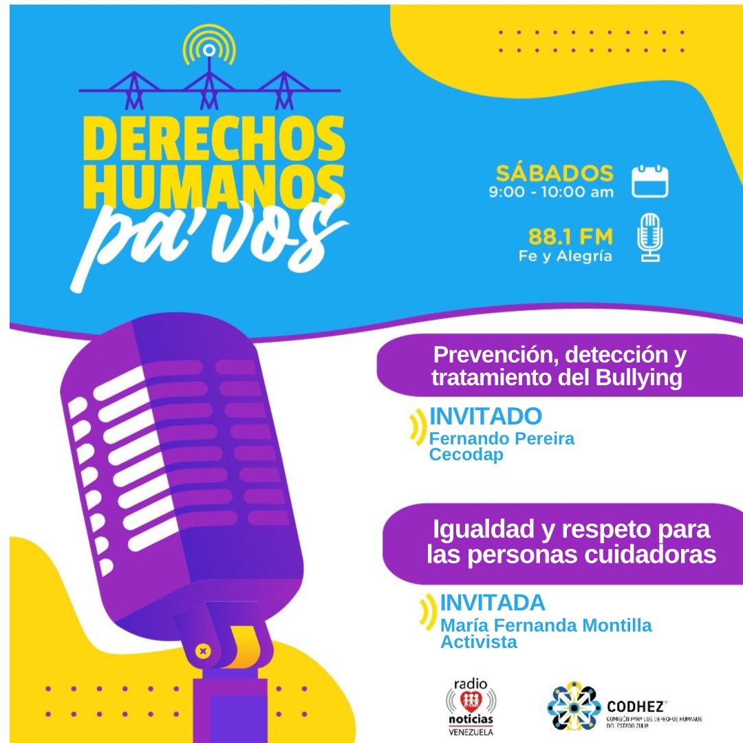 Codhez's tweet photo. Este sábado, #9Nov, en #DDHHPaVos conversaremos sobre:
🏫 Día Internacional contra la Violencia y el Acoso Escolar, con Fernando Pereira, de @cecodap
👥 Día Internacional de las Personas Cuidadoras, con María Fernanda Montilla, activista
⌚️9:00 a.m.
📲 https://t.co/x3FZluEWKd https://t.co/VXHEkFzpyh