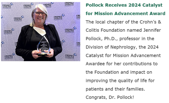 🌟 Congrats to Jennifer Pollock, Ph.D., <a href="/UAB_NRTC/">UAB Nephrology</a>, for receiving the 2024 Catalyst for Mission Advancement Award from the Crohn’s &amp; Colitis Foundation! 🎉 Her work is making a real difference in the lives of patients and families.
<a href="/davidpollock929/">David Pollock</a> <a href="/ogutierrez136/">Orlando Gutierrez</a>