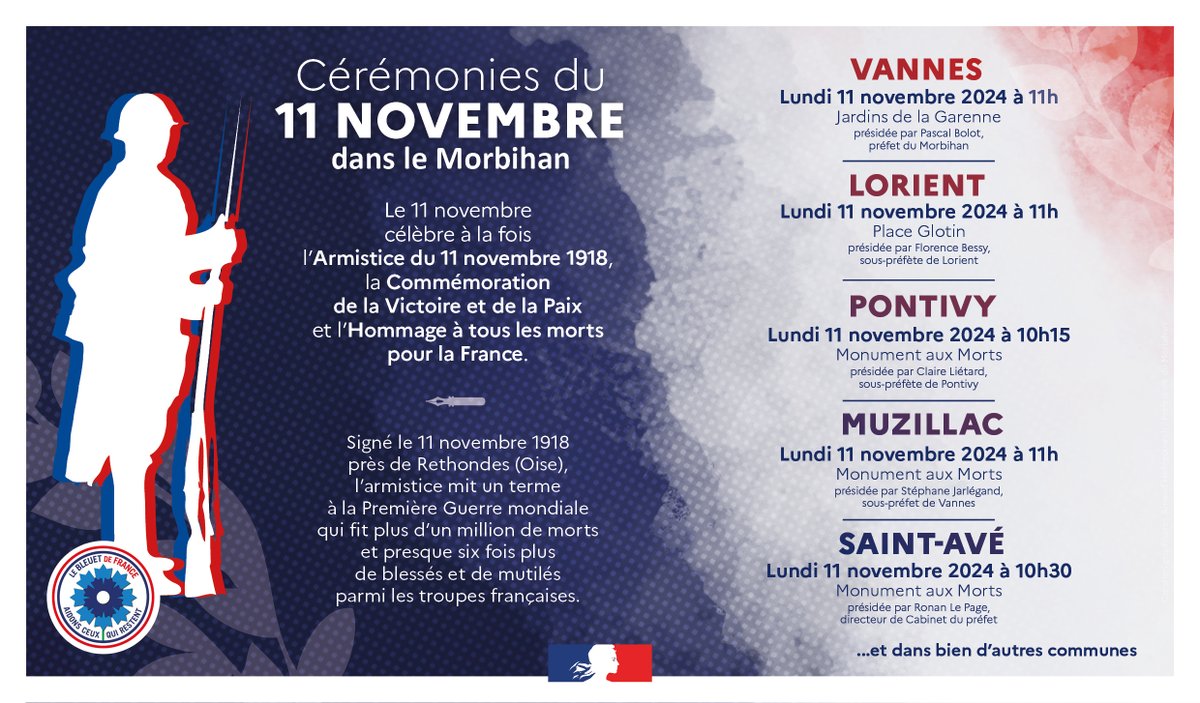 #11novembre | 🇫🇷
De nombreuses cérémonies commémoratives de l'Armistice du 11 novembre 1918, de la Victoire et de la Paix et d'Hommage aux morts pour la France se tiendront lundi 11 novembre 2024 dans le #Morbihan.
Venez vous y associer !
#pournepasoublier
Soutenez le Bleuet de