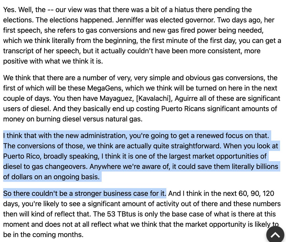 NEW: According to the Q3 2024 New Fortress Energy earnings call, the company is preparing for more gas conversions under Jenniffer González's administration. 

"I think with the new administration, you're going to get a renewed focus on [gas conversions]," says Wes Edens, CEO