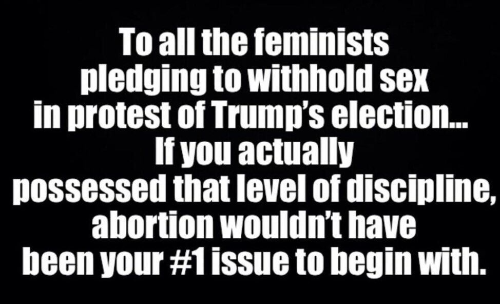 TheEXECUTlONER_'s tweet image. Wish all you liberal women and feminists would have shown this much discipline before.

Withholding sex means less Liberal Democrat babies. I support your efforts.  😉