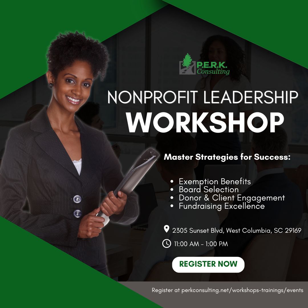 PERK_Consulting's tweet photo. Are you a nonprofit in the Columbia, SC area? Elevate your impact! Join us for the upcoming Nonprofit Leadership Workshop on November 26th! Gain insights and tools to lead your organization effectively!  Secure your spot today: https://t.co/tm81LYEfGz https://t.co/KmPjLcwWP1