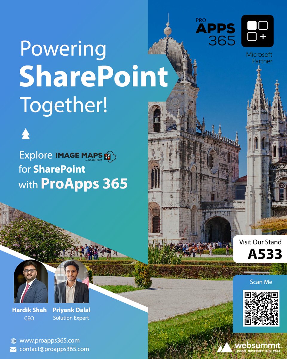 proapps_365's tweet image. Hello Lisbon! 🇵🇹 ProApps 365 is live at Web Summit! 

Meet Hardik &amp;amp; Priyank at Booth A533 to explore #ImageMaps for #SharePoint. 

Giveaways &amp;amp; surprises await! 🎉 

Register now 👉 proapps365.com/web-summit-lis… #ProApps365 #WebSummit
