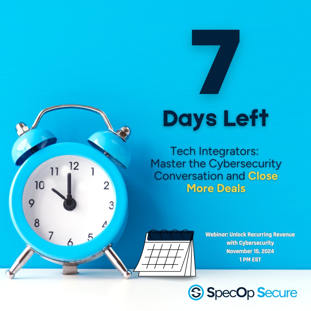 SpecOpSecure's tweet image. Tech integrators, only 7 days to our webinar! Join Farr Shepherd to learn how to explain cybersecurity in simple, client-friendly terms. Make protection an easy sell! Reserve your spot now: d-cy.net/specopsecurewe… #IntegratorSolutions #CyberSecurityWebinar