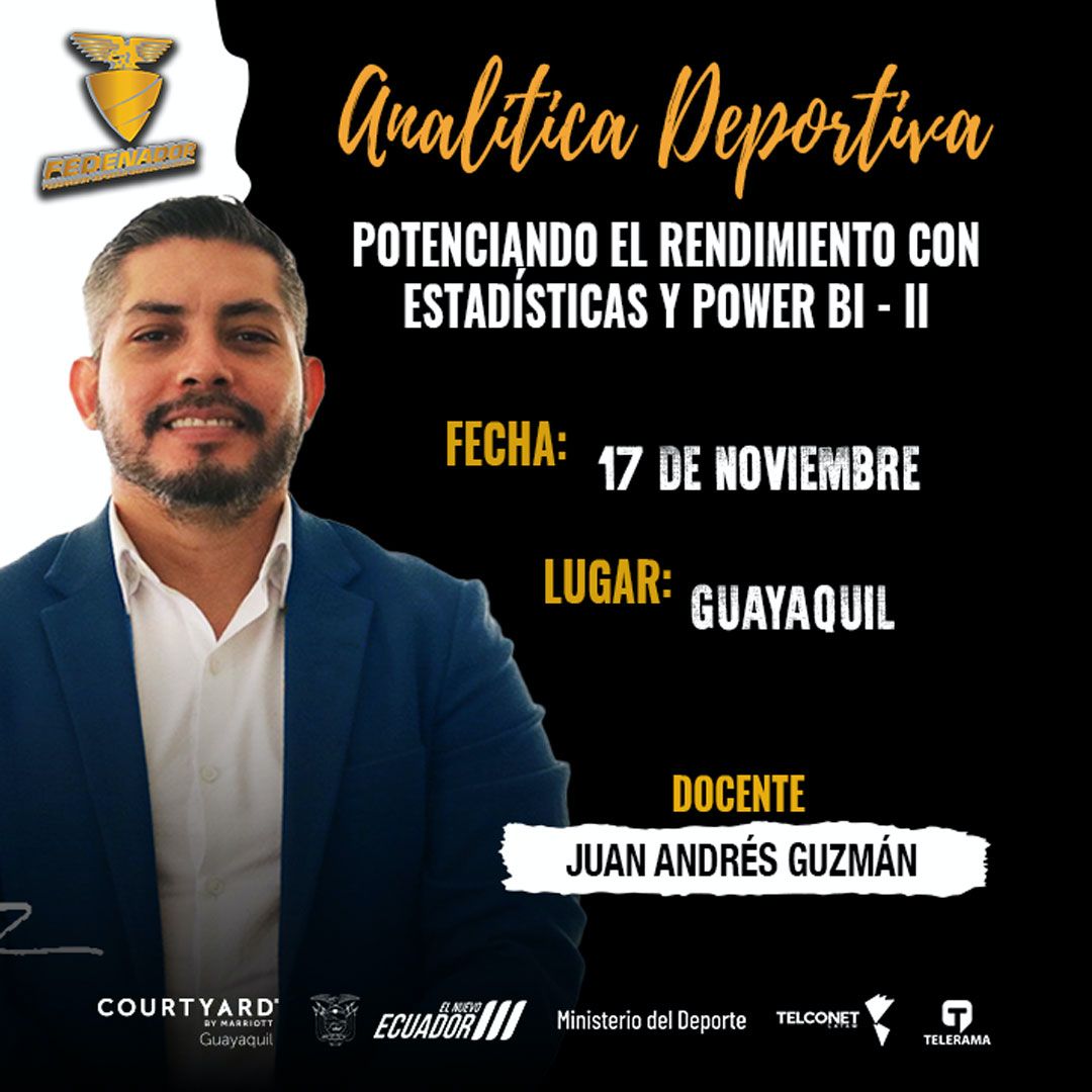 📌 17 de noviembre: Analítica Deportiva – Potenciando el Rendimiento con Estadística y Power BI - II 📊  
🕘 Horario: 9:00 - 18:00  
👤 Docente: Mgtr. <a href="/andresguzmanw/">Juan Andrés Guzmán W</a>
Inscríbete aquí 👉 bit.ly/Inscripciones_…

#SomosFormación